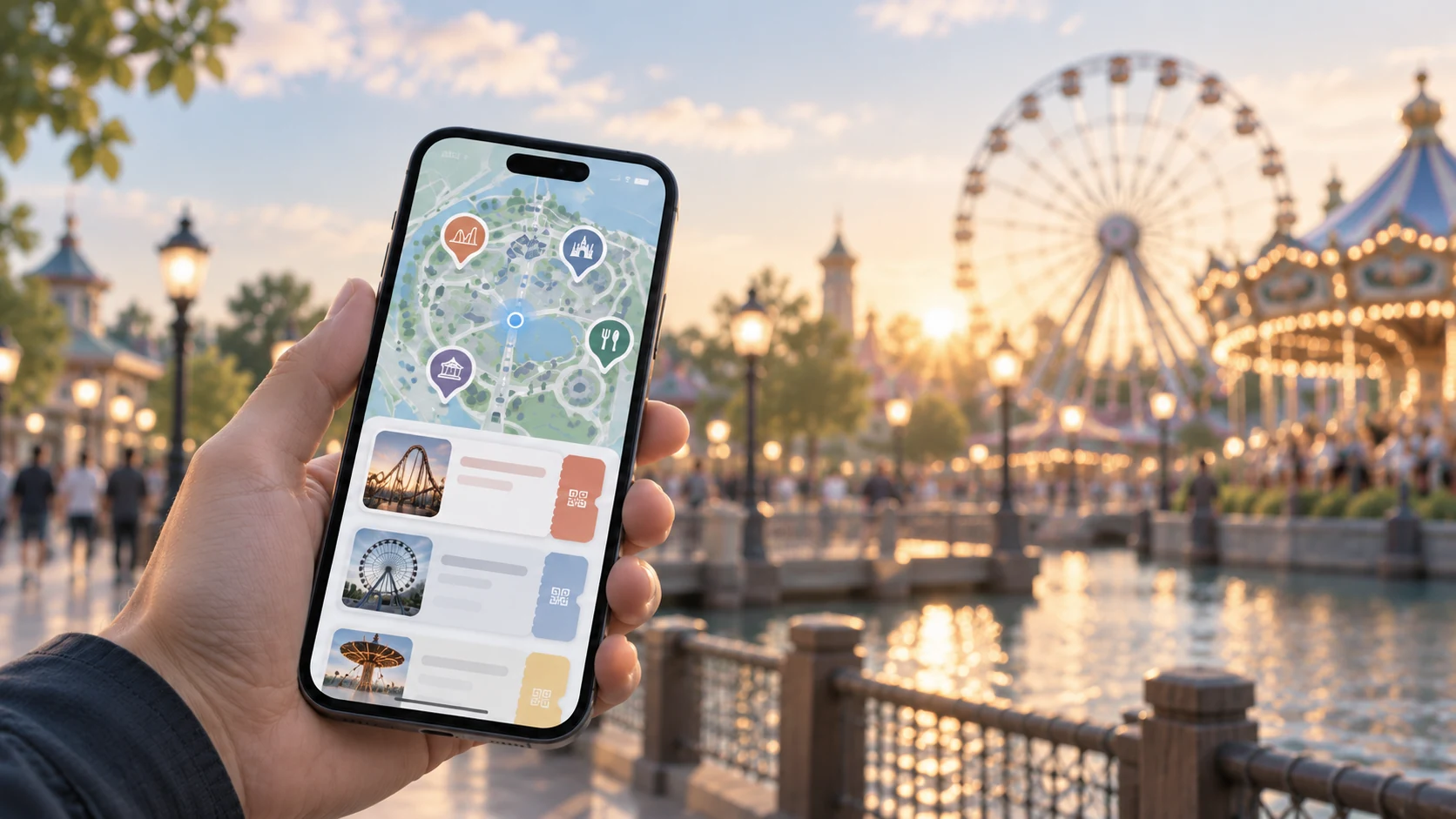 遊園地を背景に案内画面を表示するスマートフォンの生成イメージ。顧客の導入現場ではありません。